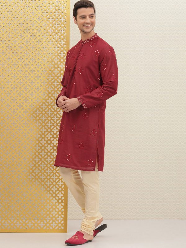 House of Pataudi Men Red Embroidered Jashn Straight Kurta Supply