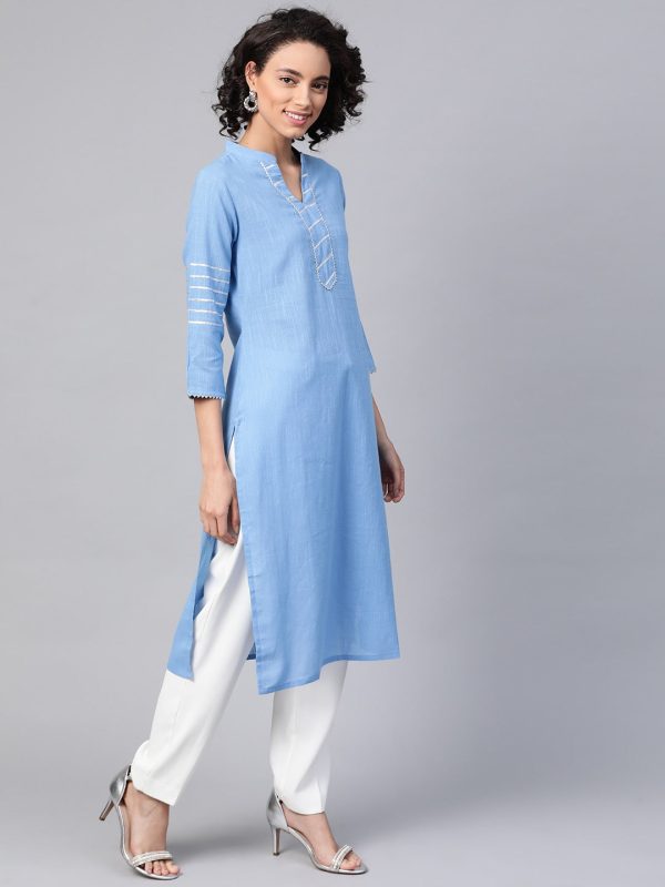 HERE&NOW Women Blue & White Pure Cotton Solid Straight Kurta Online