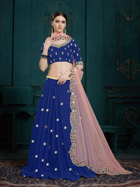 Myra Navi Blue Georgette Embroidered Lehenga on Sale