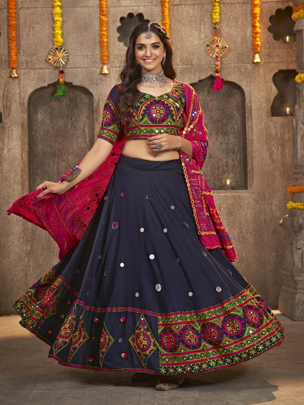 Myra Navy Blue Viscose Rayon and Cotton Embroidered with Print Designer Lehenga Hot on Sale