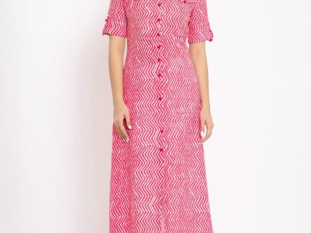 HERE&NOW Pink Shirt Collar Chevron Printed Roll Up Sleeves A-Line Kurta Hot on Sale