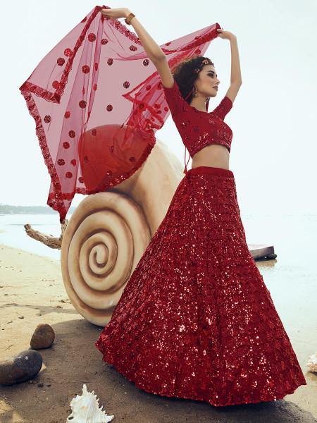 Myra Red Embroidered Net Lehenga For Cheap