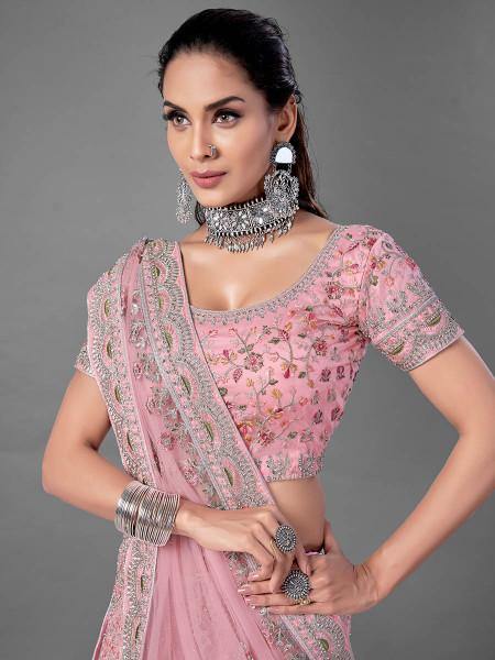 Myra Pink Heavy Embroidered Soft Net Bridal Lehenga Online Hot Sale