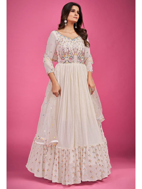 Myra White Pure Georgette Embroidered Gown For Discount