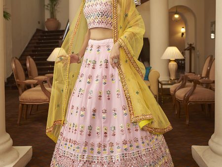 Myra Pink and Yellow Georgette Embroidered Designer Lehenga Discount