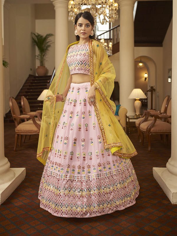 Myra Pink and Yellow Georgette Embroidered Designer Lehenga Discount