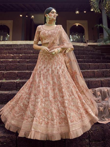 Myra Peach Heavy Embroidered Georgette bridal Lehenga Online now