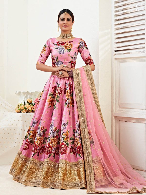 Myra Pink Floral Print Embroidered Designer Lehenga For Cheap