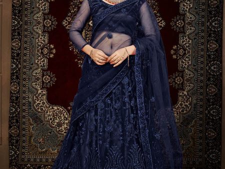 Myra Navy Blue Heavy Embroidered Net Lehenga For Discount