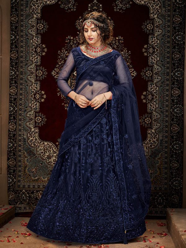 Myra Navy Blue Heavy Embroidered Net Lehenga For Discount