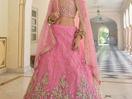 Myra Baby Pink Net Embroidered Lehenga For Sale