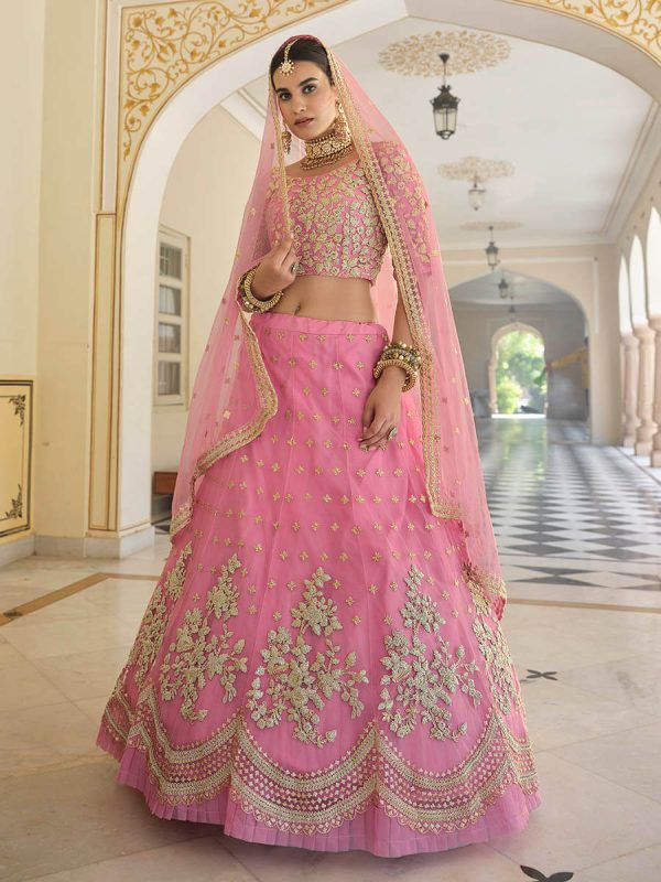 Myra Baby Pink Net Embroidered Lehenga For Sale