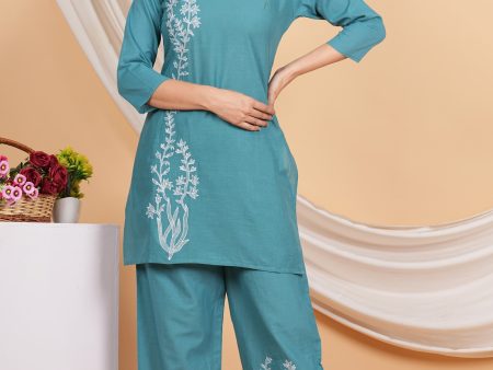 House of RP Women Teal Cotton Embroidered Coords Set For Discount