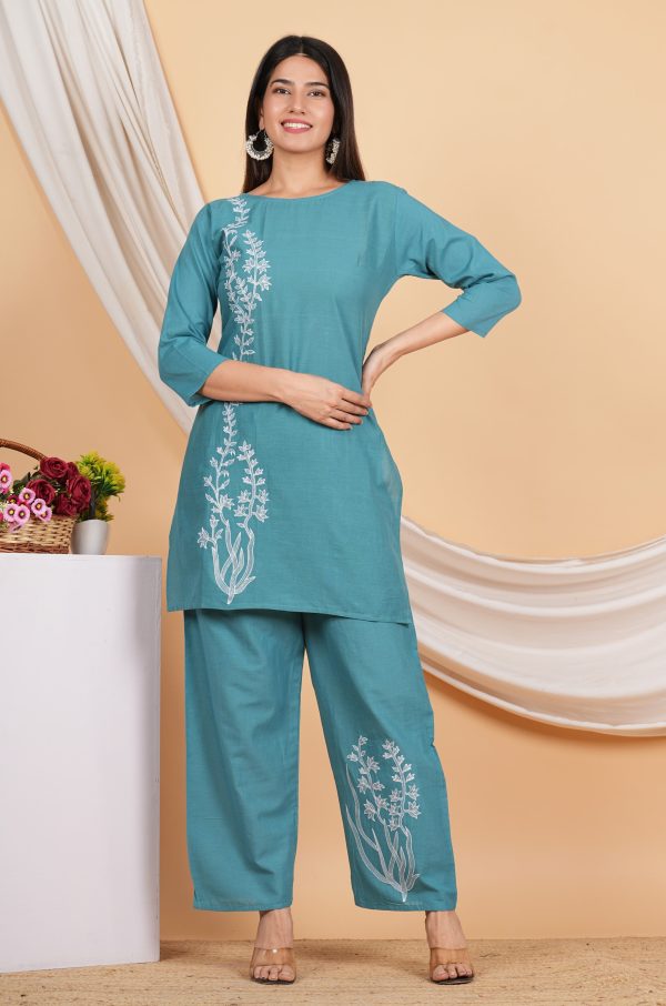 House of RP Women Teal Cotton Embroidered Coords Set For Discount