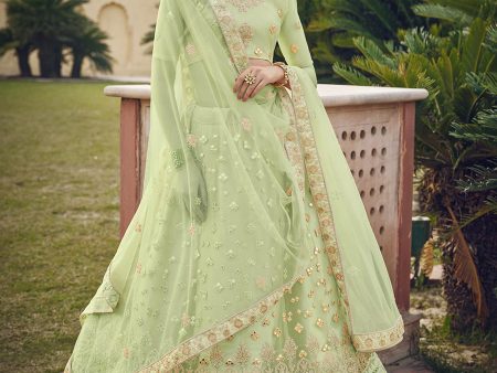 Myra Mint Green Net Heavy Embroidered Designer Lehenga on Sale