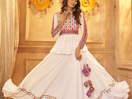 Myra White Viscose Rayon Embroidered Designer Navratri Special Lehenga For Cheap