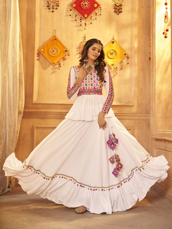 Myra White Viscose Rayon Embroidered Designer Navratri Special Lehenga For Cheap