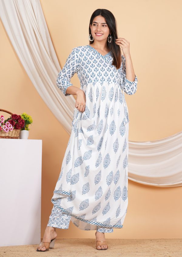 House of RP Women White & Blue Rayon Floral Print Kurta, Pant & Dupatta Set Online