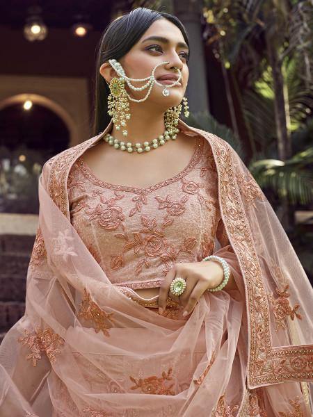 Myra Peach Heavy Embroidered Georgette Bridal Lehenga For Cheap