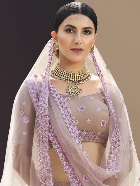 Myra Lilac Heavy Embroidered Soft Net bridal Lehenga Online