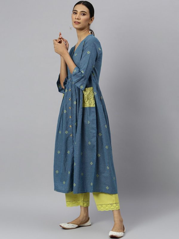 Khushal K Women Blue Geometric Striped Flared Sleeves Anarkali Kurta Online Sale