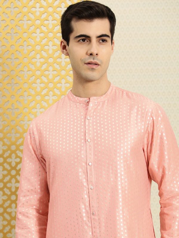 House of Pataudi Men Peach-Coloured Ethnic Motifs Printed Kurta Hot on Sale