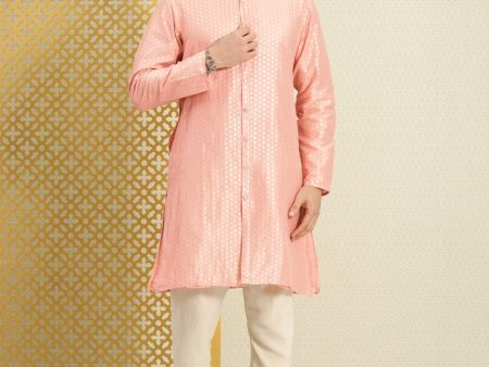 House of Pataudi Men Peach-Coloured Ethnic Motifs Printed Kurta Hot on Sale