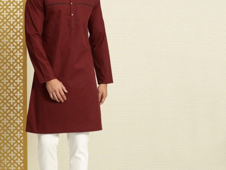 House of Pataudi Men Maroon Solid Straight Kurta For Cheap