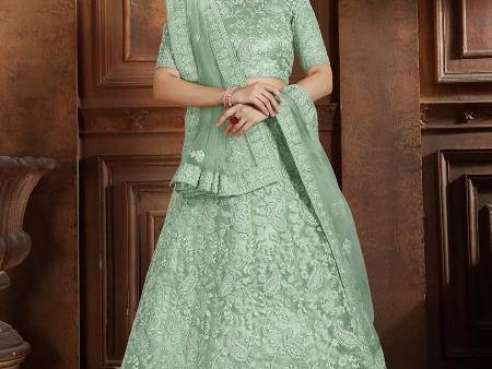 Myra Pista Green Soft Net Heavy Embroidered Lehenga For Discount