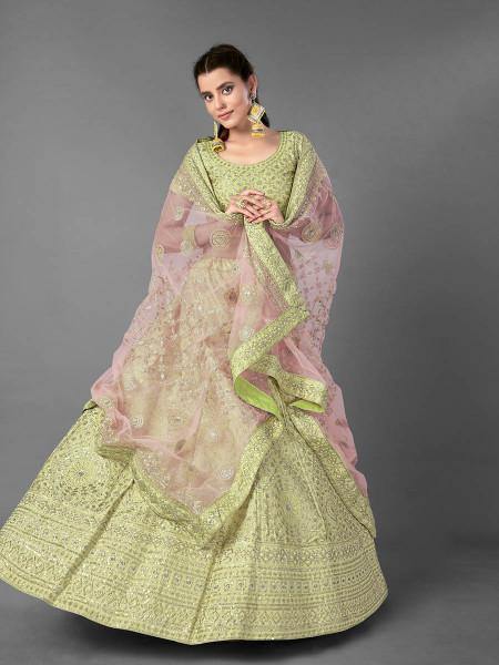 Myra Pista Heavy Embroidered Art Silk Bridal Lehenga Hot on Sale