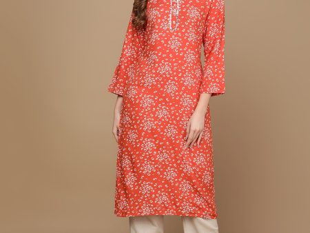 HERE&NOW Rust Orange & White Floral Printed Straight Kurta Supply