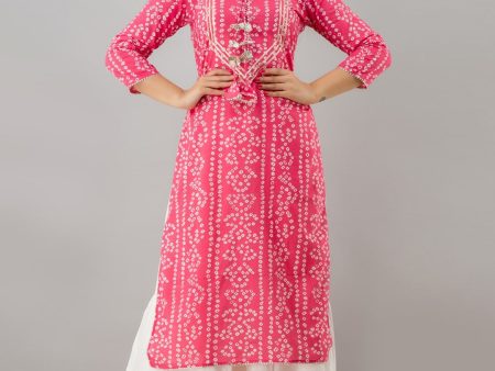 HERE&NOW Pink Tie Up Neck Bandhani Printed Gotta Patti Kurta Online