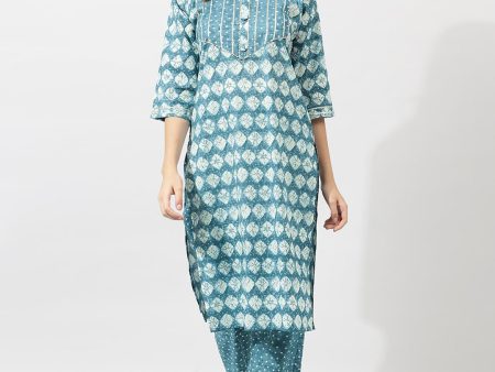 Kalini Blue Ethnic Motifs Printed Gotta Patti Pure Cotton Kurta with Trousers Hot on Sale