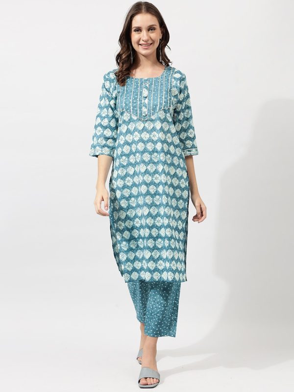 Kalini Blue Ethnic Motifs Printed Gotta Patti Pure Cotton Kurta with Trousers Hot on Sale