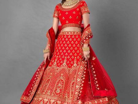 Myra Red Heavy Embroidered Satin Bridal Lehenga For Cheap