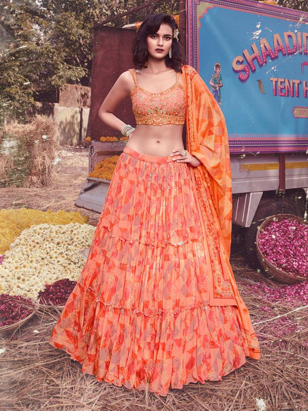 Myra Peach Chinon Embroidered Designer Lehenga For Discount