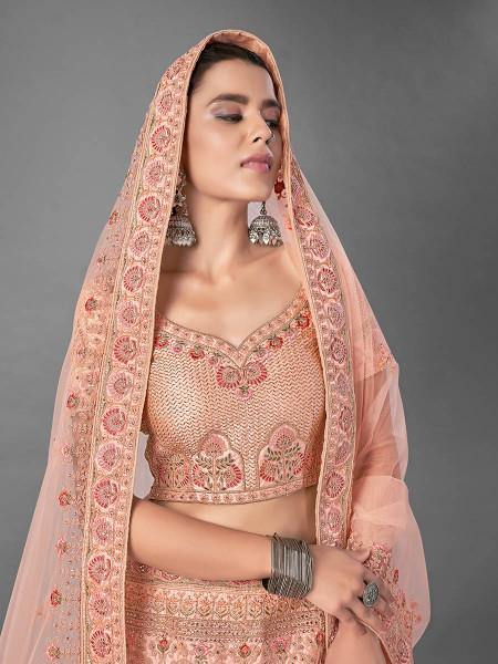 Myra Peach Heavy Embroidered Satin Bridal Lehenga Hot on Sale