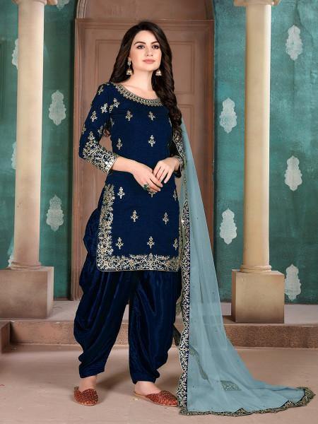 Myra Navy Blue Art Silk Embroidered Patiala Suit Online Sale