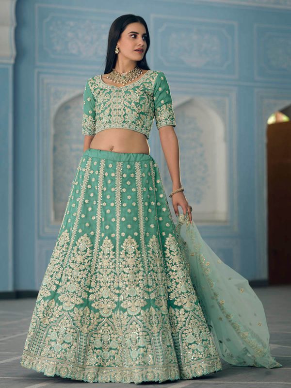 Myra Turquiose Organza Embroidered Lehenga For Discount