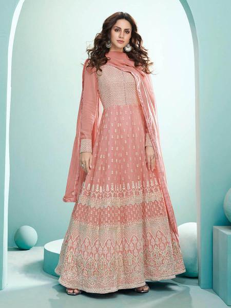 Myra Peach Real Georgette with Luckhnavi work Anarkali Suit For Sale