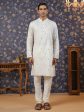 House of Pataudi Men Off White Geometric Embroidered Mirror Work Kurta on Sale