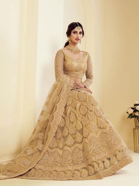 Myra Traditional Golden Heavy Embroidered Net Bridal Lehenga Fashion