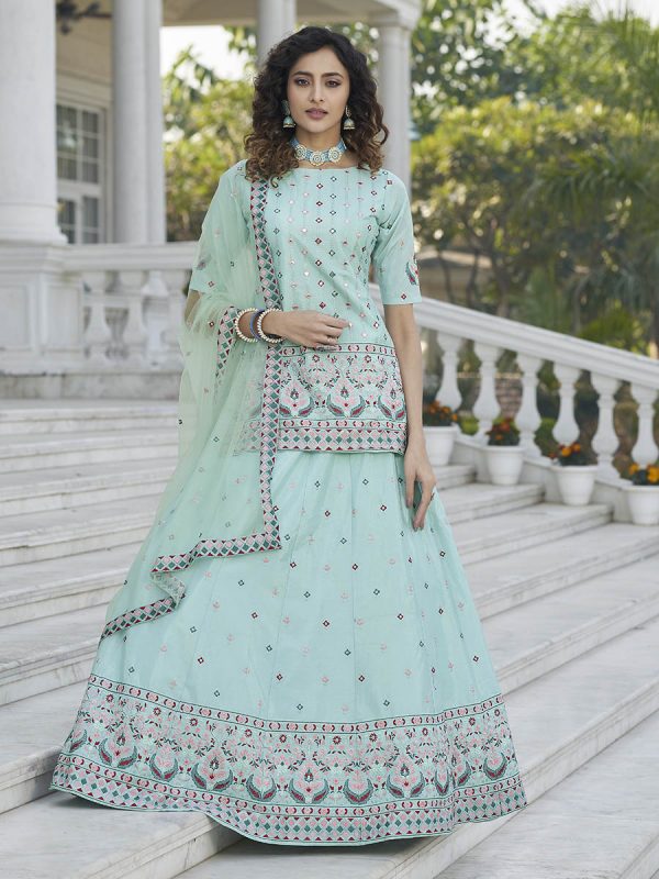 Myra Sky Blue Embroidered Designer Lehenga Fashion