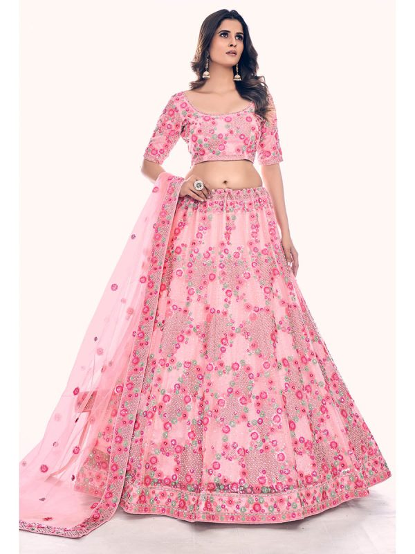 Myra Peach Soft Net Embroidered Designer Lehenga Choli on Sale