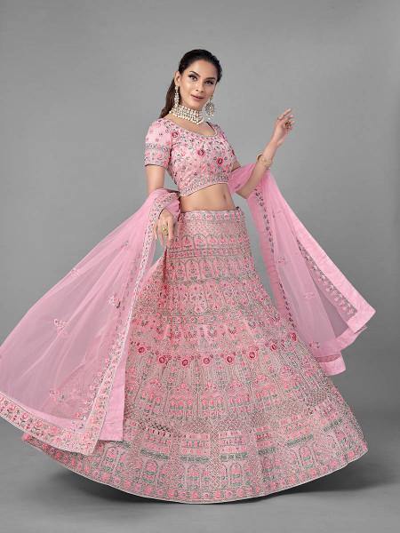 Myra Traditional Bridal Lehenga in Pink Heavy Embroidered Soft Net on Sale