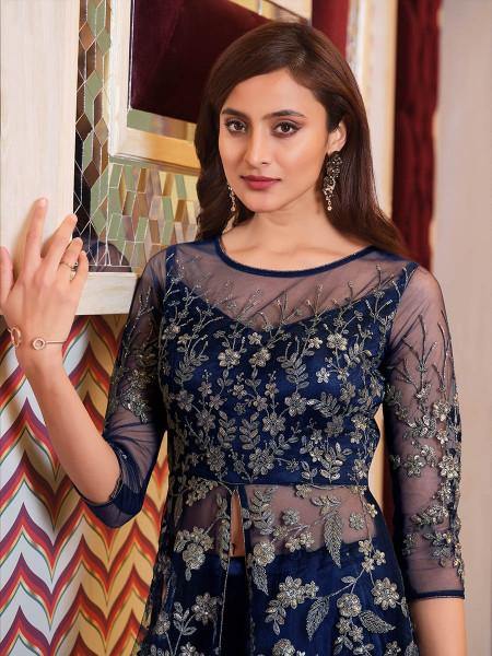 Myra Navy Blue Net Embroidery Gown Online Sale