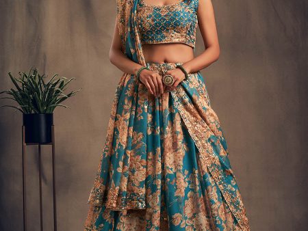 Myra Teal Blue Organza Silk Embroidered Lehenga Supply