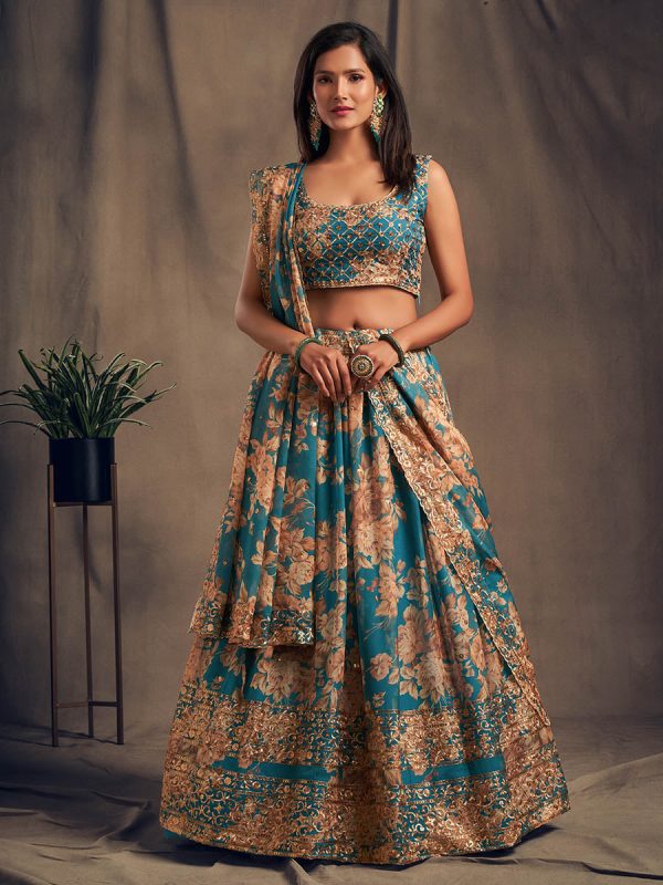 Myra Teal Blue Organza Silk Embroidered Lehenga Supply