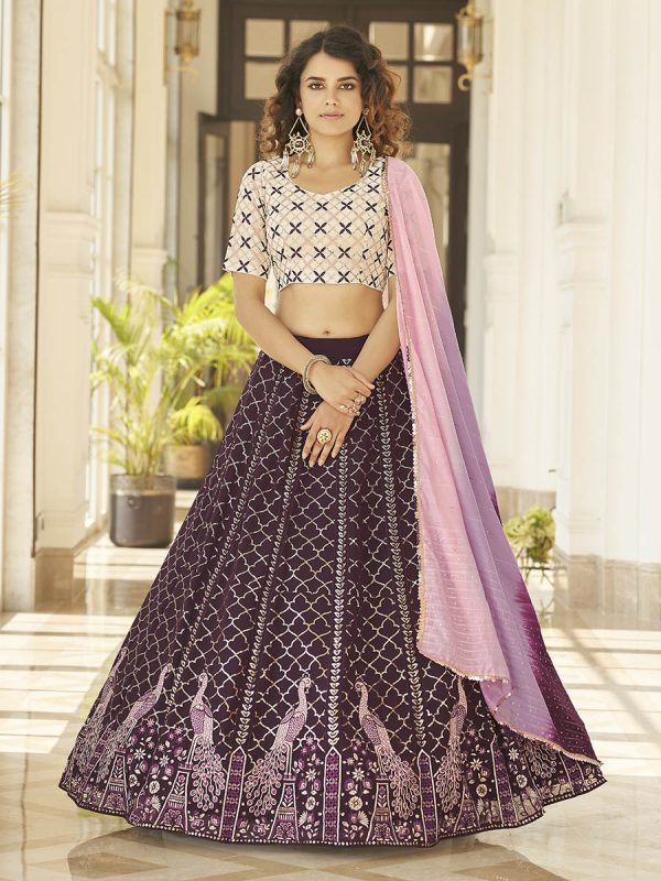 Myra Purple & White Georgette Embroidered Designer Lehenga Discount