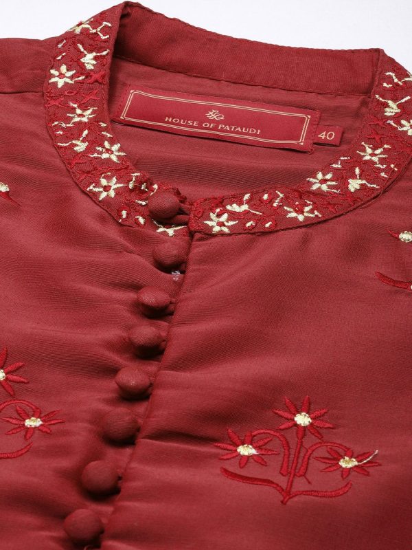 House of Pataudi Men Red Embroidered Jashn Straight Kurta Supply